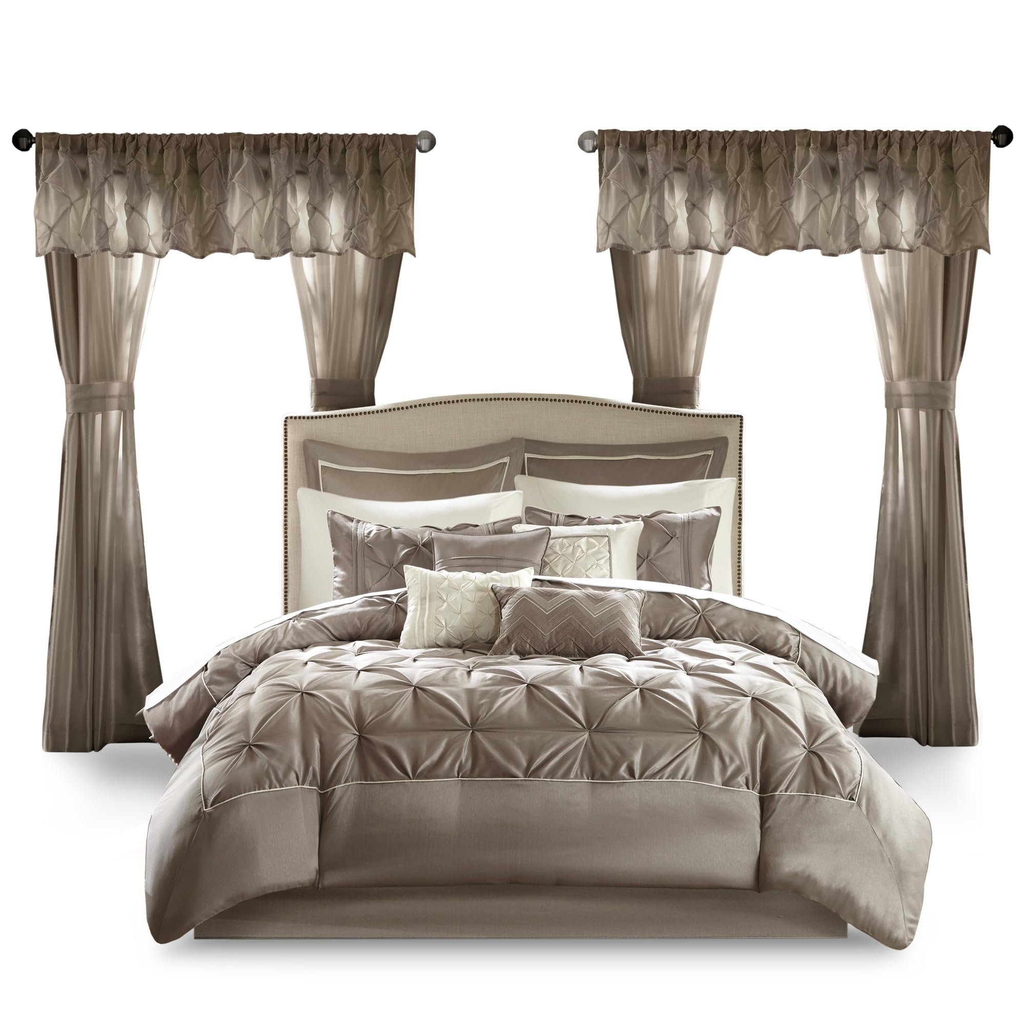 Madison Park Essentials Room in a Bag Faux Silk Comforter Set - Luxe Diamond Tufting All Season Bedding, Matching Curtains, Decorative Pillows, Taupe King(104"x92") 24 Piece