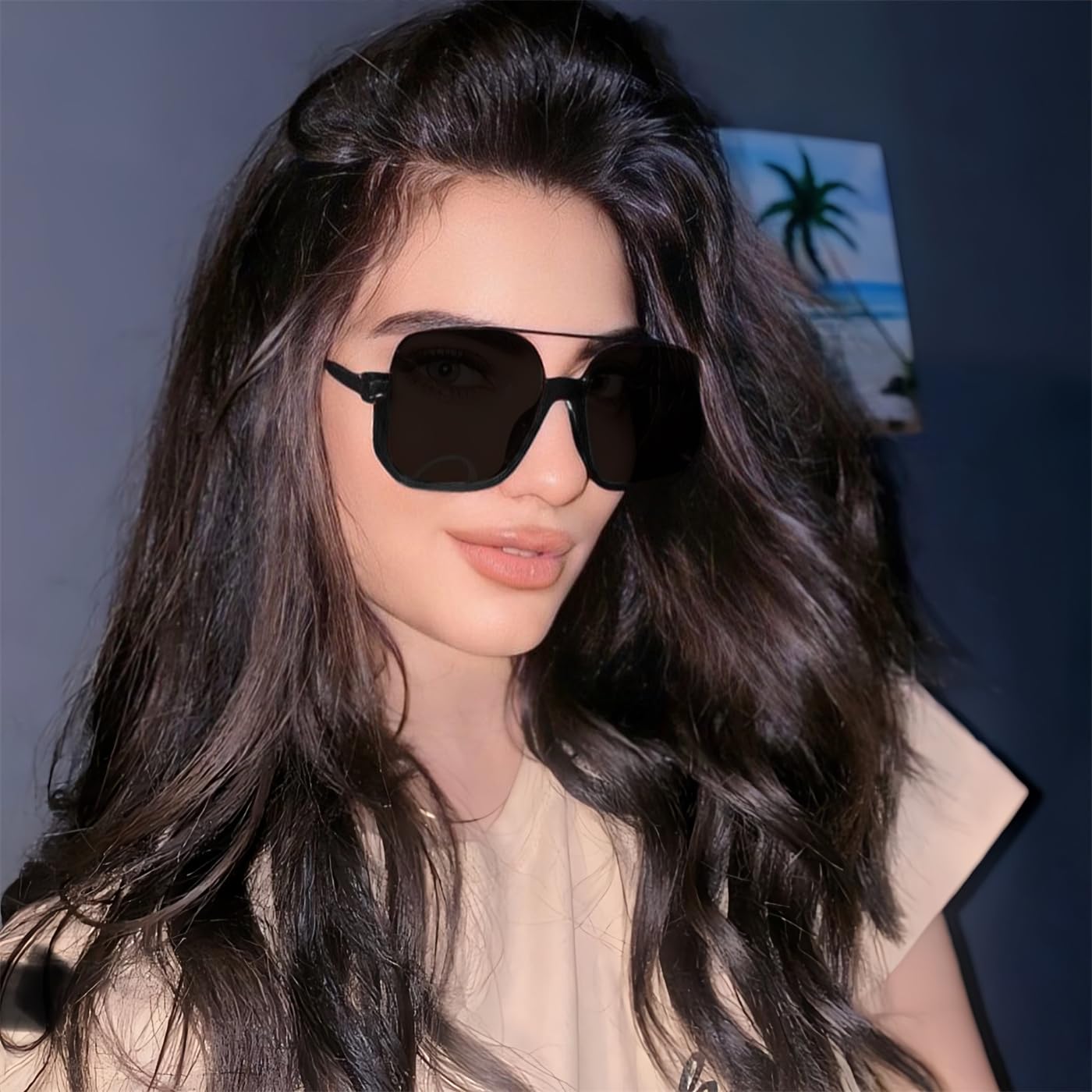 GUVIVI Retro Oversized Aviator Sunglasses for Women Men Square Double Bridge Pilot Sun Glasses 70s Trendy Shades