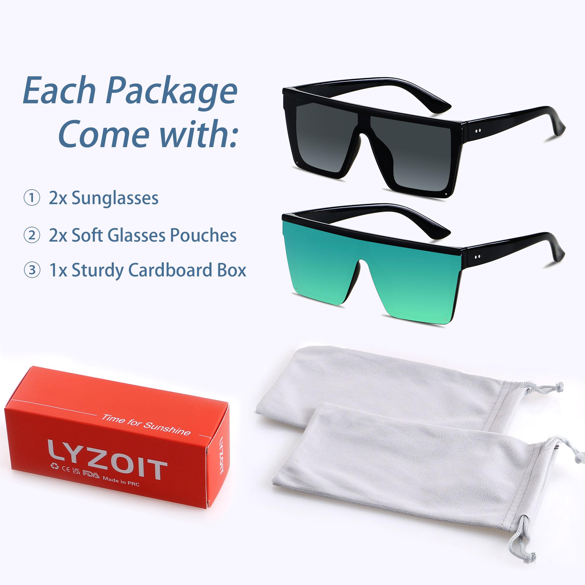 LYZOIT Square Oversized Sunglasses for Women Men Big Flat Top Fashion Shield Large UV Protection Rimless Shades