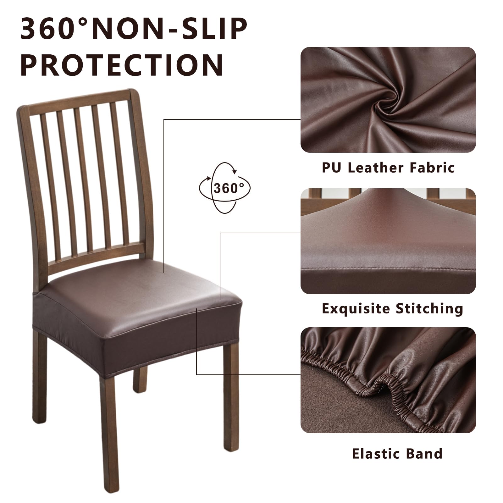 NILUOH Waterproof Seat Covers for Dining Room Chairs Set of 6, Pu Leather Chair Seat Slipcovers Dining Chair Cover Removable Washable Chair Protctor Cover, Rear Covers (PU-Coffee)