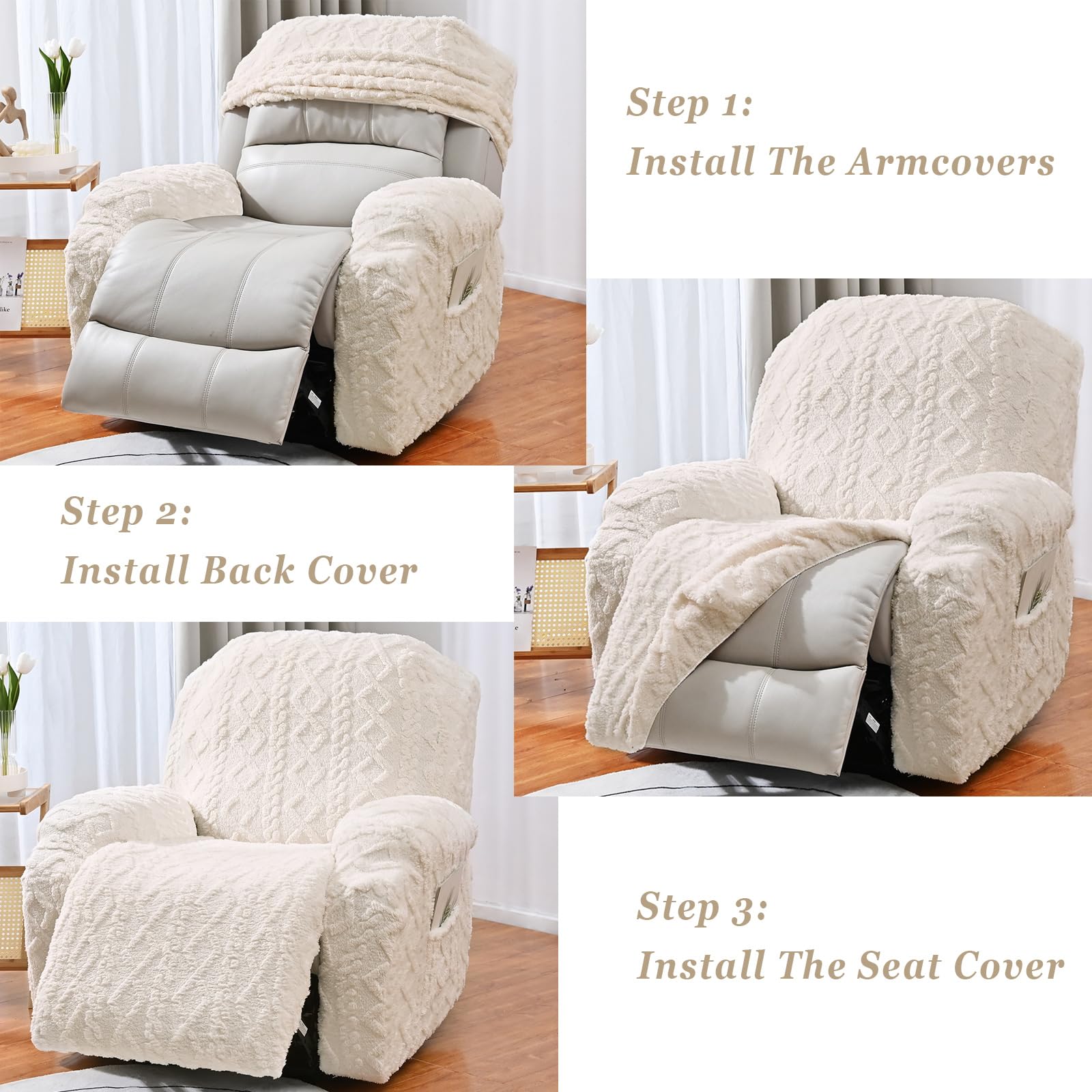 JOKIVTOU Recliner Chair Covers 4-Pieces Reclining Chair Slipcovers with Pocket& Elastic Bottom, Soft Feel Fitted Lazy Boy Sofa Couch Cover Washable, Stretch Recliner Furniture Protector