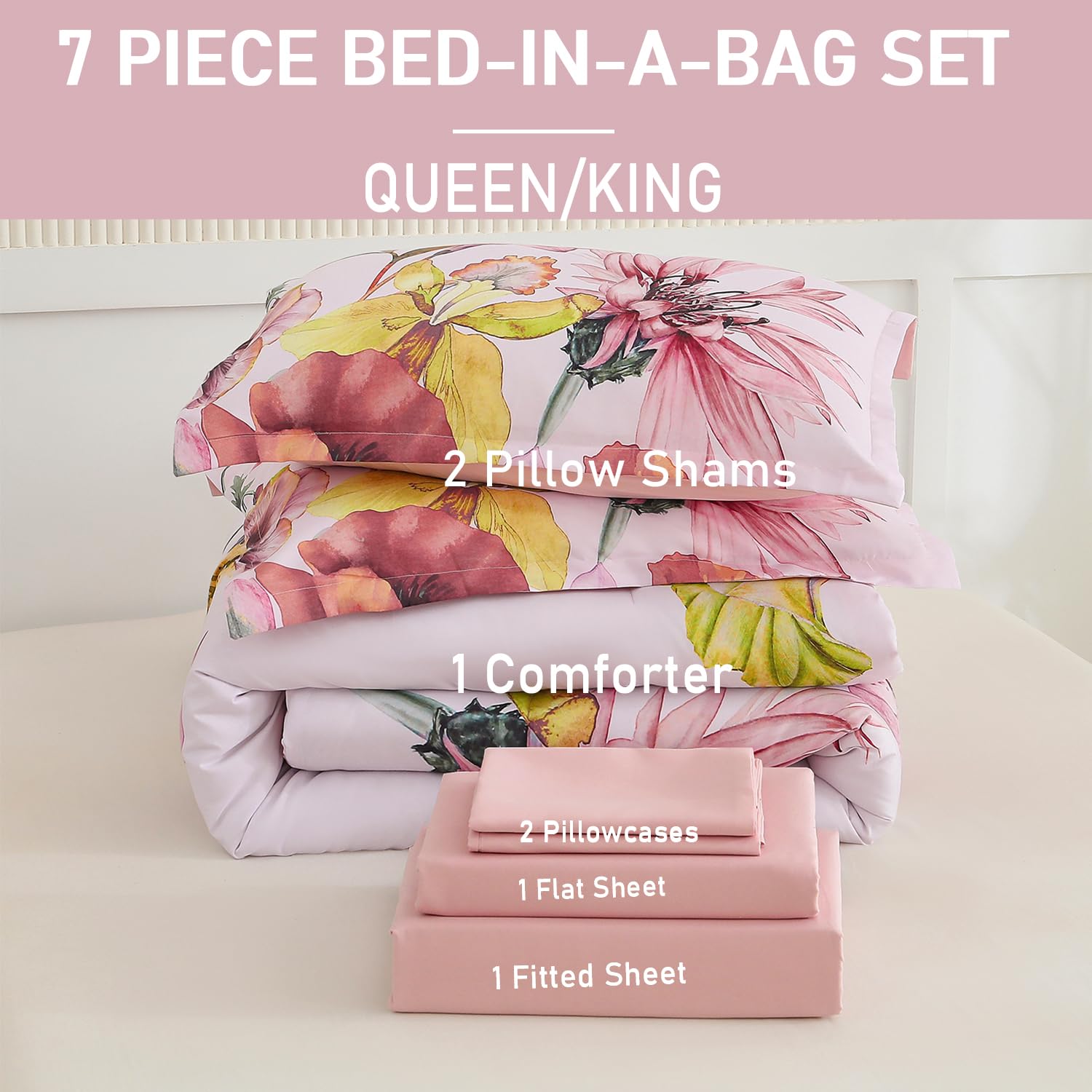 Yogeneg 7 Piece Bed in a Bag King Size Comforter Set Black Bedding Set,Gold Butterfly Leaves Printed on Black Reversible Design,Soft Microfiber Comforter with Sheet Set,All Season(Butterfly,King)