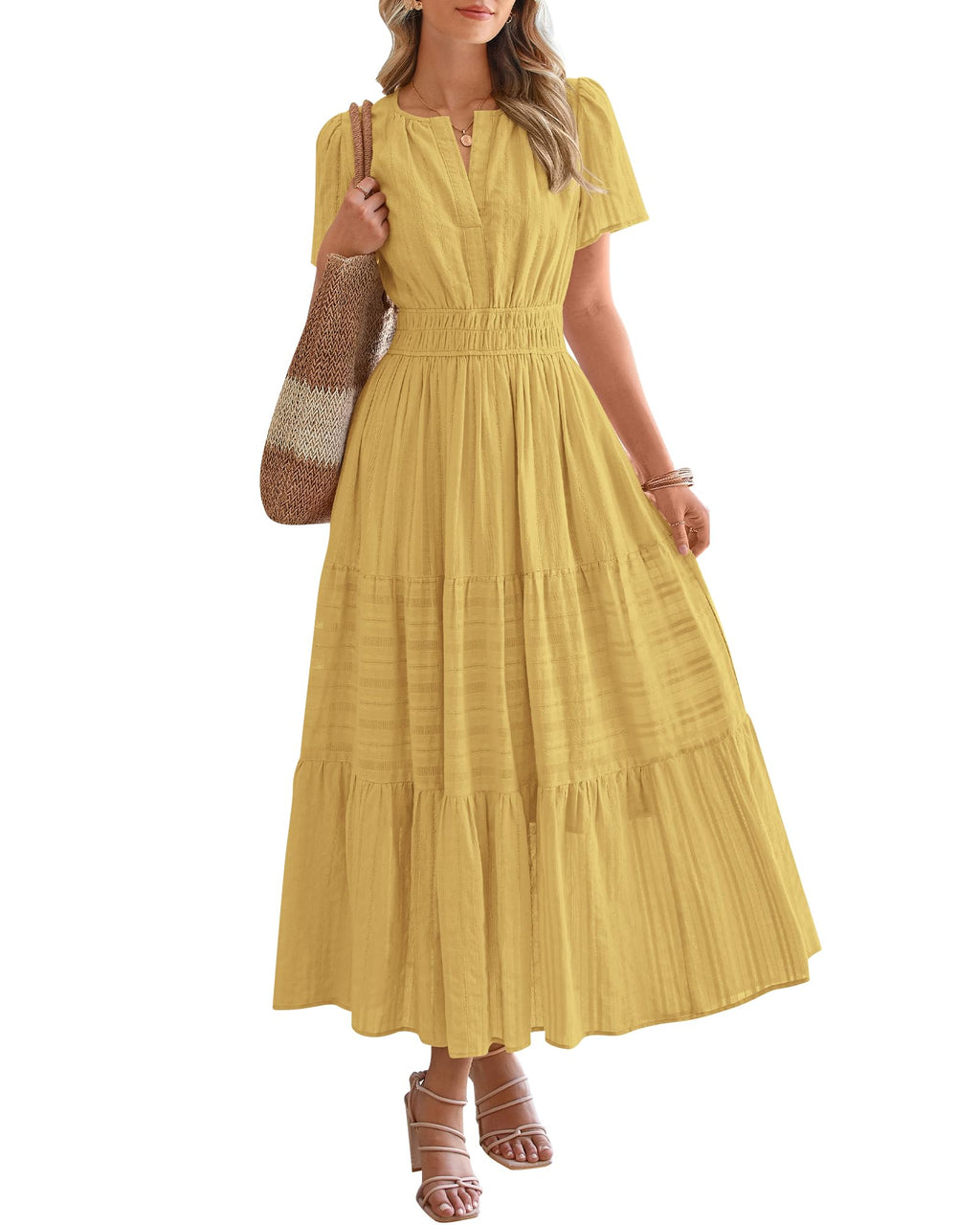 BTFBM Womens Summer 2026 Casual Midi Maxi Dresses Lightweight Short Sleeve V Neck Elastic Waist Boho Beach Dress Pockets
