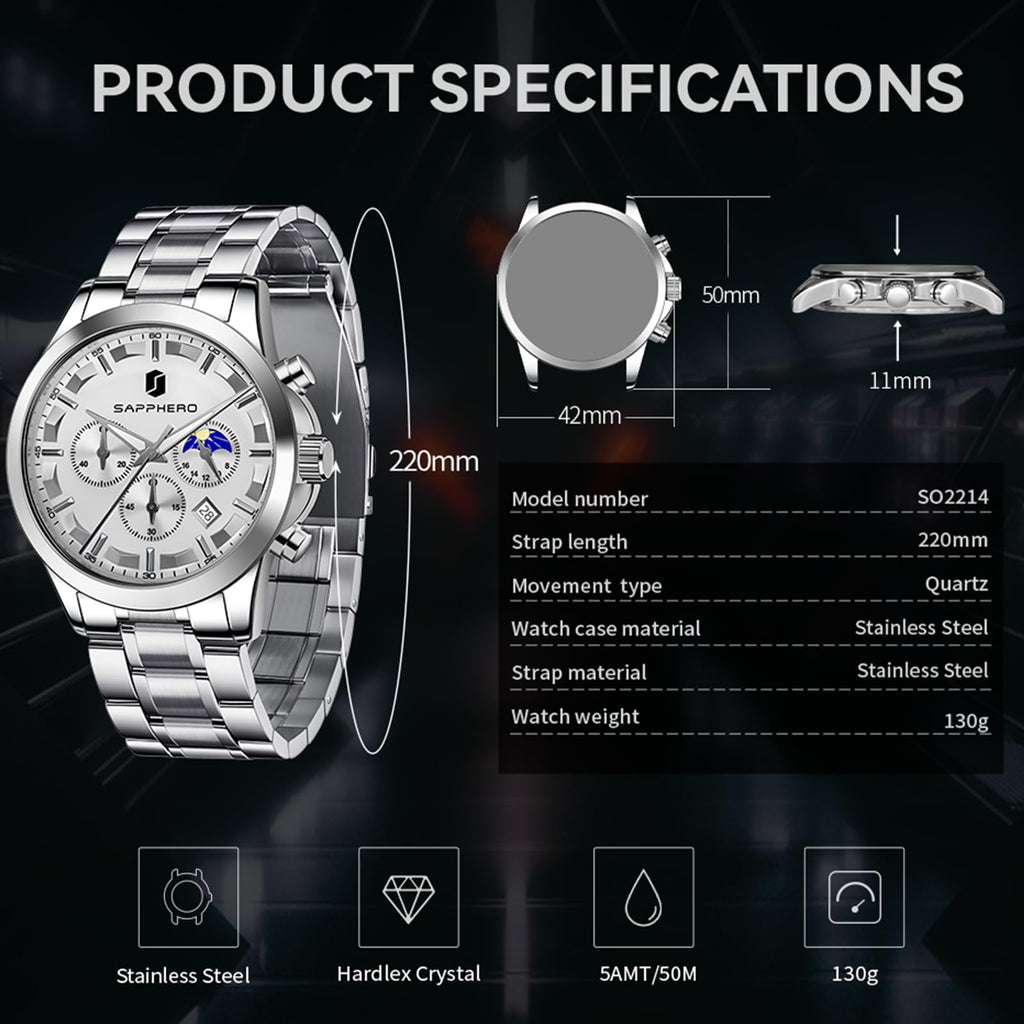 SAPPHERO Chronograph Watches for Men, Original Business Casual Stainless Steel Analog Watch 50M Waterproof Luminous Watches with Date Dial, Mens Gift