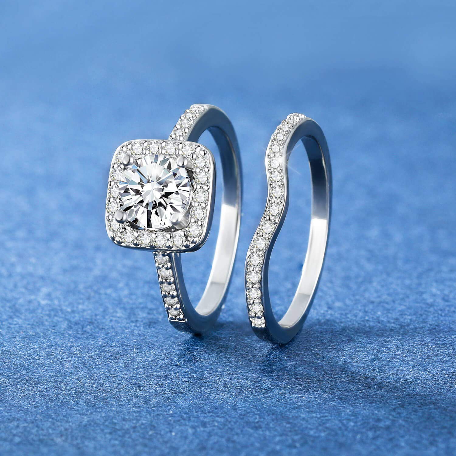 MDFUN 18K White Gold Plated Cubic Zirconia Two-in-One Halo Wedding Engagement Promise Eternity Ring for Women