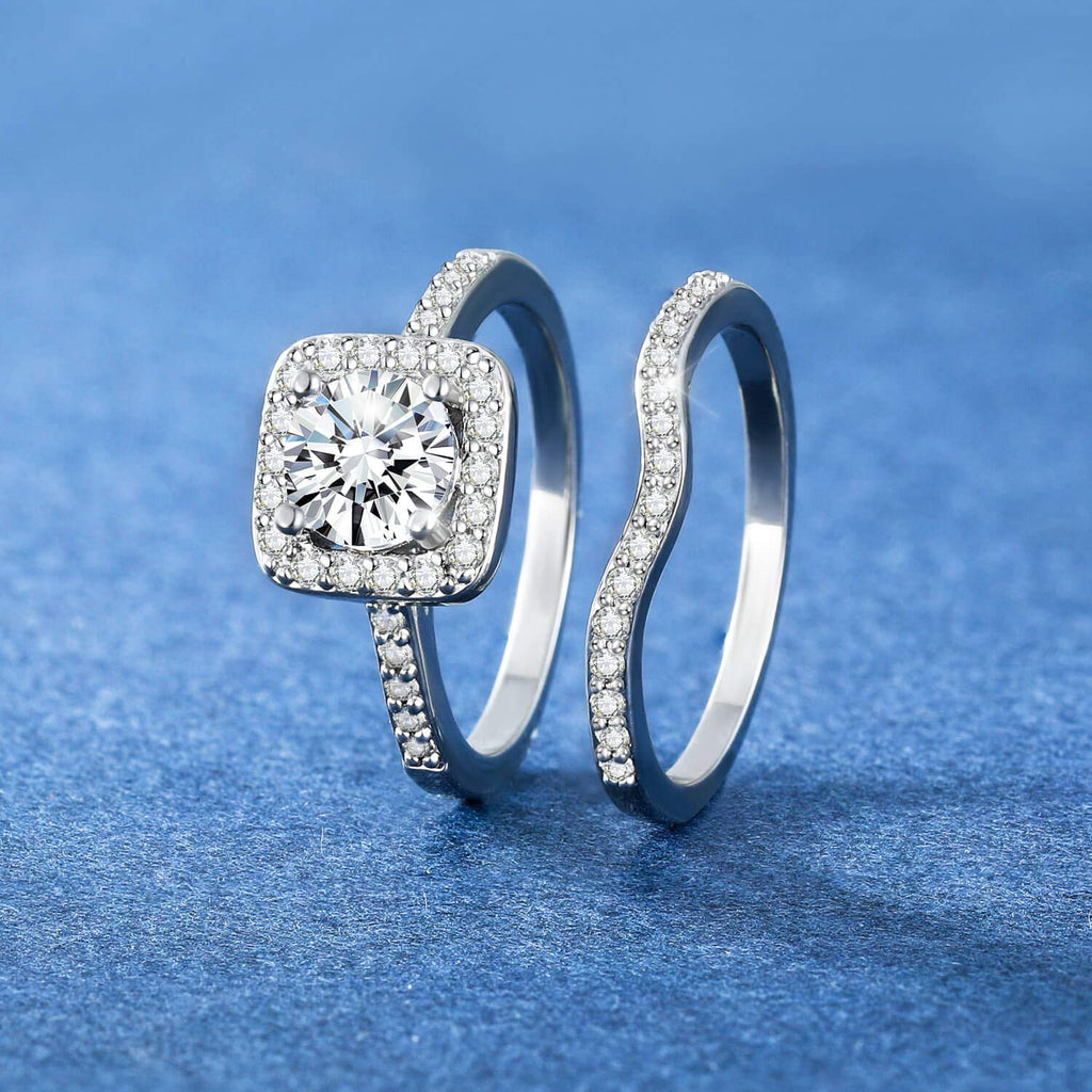 MDFUN 18K White Gold Plated Cubic Zirconia Two-in-One Halo Wedding Engagement Promise Eternity Ring for Women
