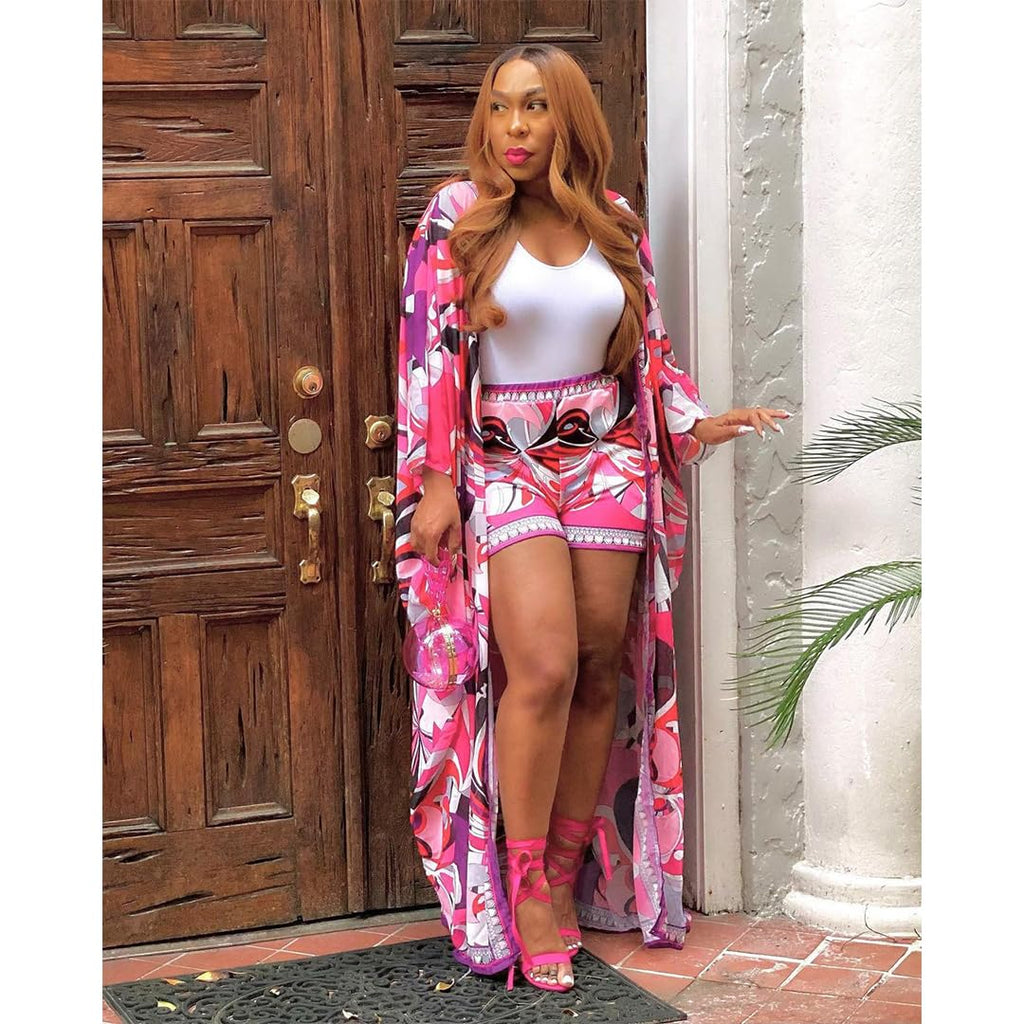 QegarTop Kimono Shorts Set for Women Two Piece Summer Vacation Outfits Flowy Beach Cover up Duster