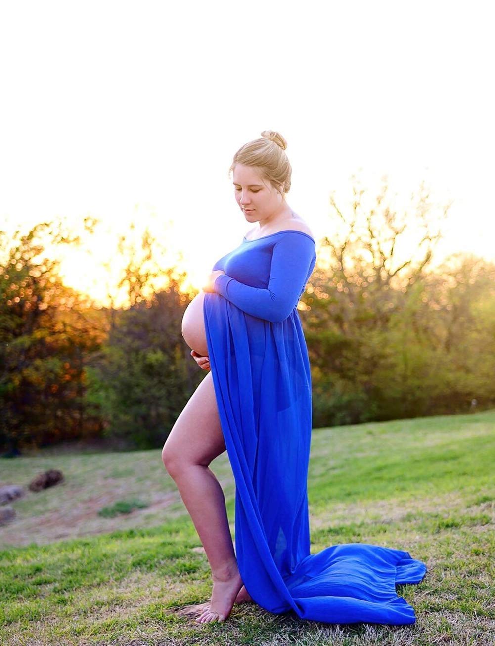 ZIUMUDY Maternity Maxi Chiffon Photography Dress Split Front Gown for Photoshoot