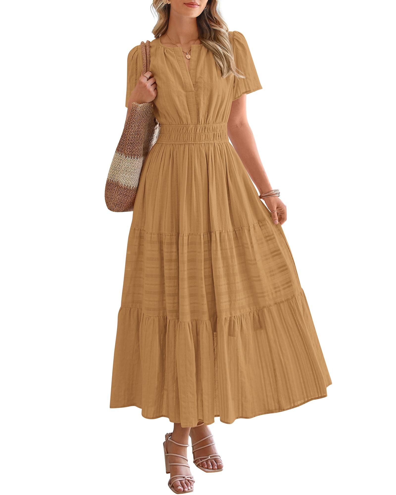 BTFBM Womens Summer 2026 Casual Midi Maxi Dresses Lightweight Short Sleeve V Neck Elastic Waist Boho Beach Dress Pockets