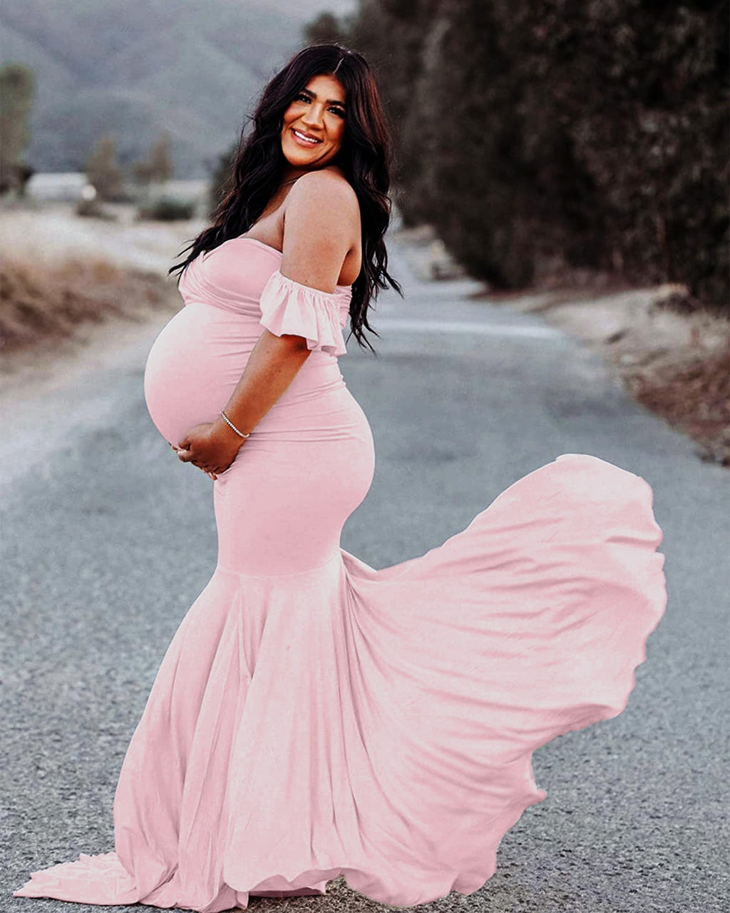 Saslax Off Shoulder Ruffle Sleeves Elegant Fitted Maxi Maternity Dress for Photoshoot Baby Shower