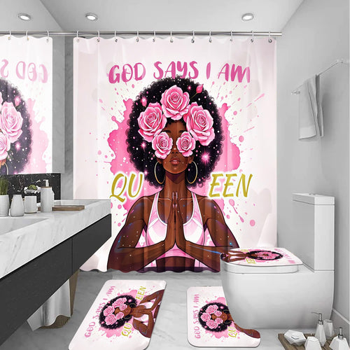 African American Shower Curtain Sets for Bathroom, Black Praying King Bathroom Sets with Waterproof Shower Curtain and Non-Slip Rugs Toilet Lid Cover Bath Mat, Cool Unique Man Bathroom Decor Sets