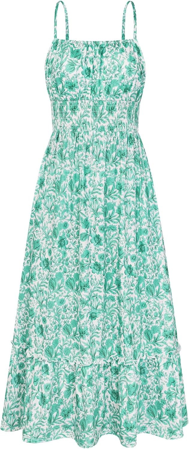 GRACE KARIN Summer Dresses for Women 2026 Vacation,Smocked Floral Maxi Dress,Boho Beach Sundress with Pocket Fashion Clothing