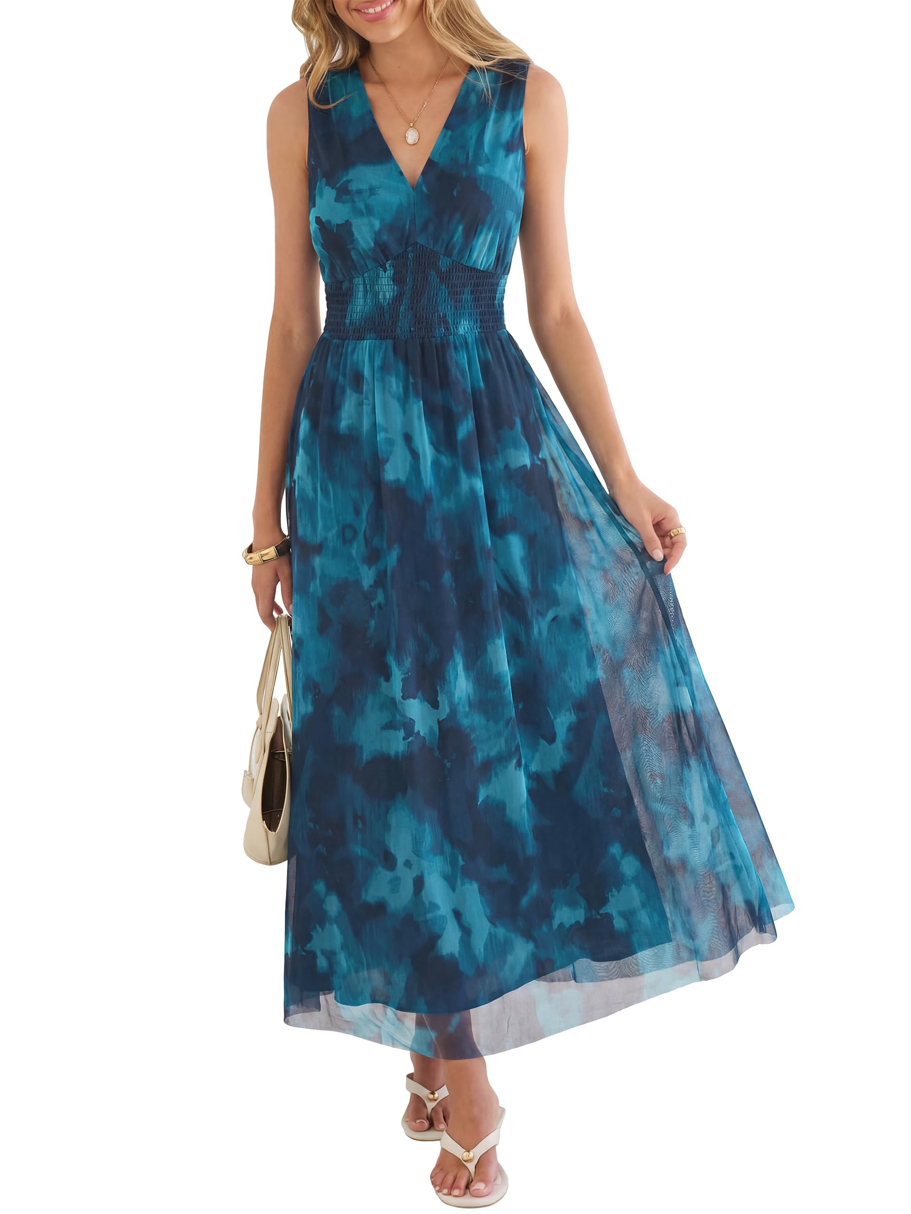ANRABESS Womens Summer Floral Maxi Dress, A Line Tulle,Elegant for Wedding Guest & Beach Vacation,Flowy Casual Boho Outfits