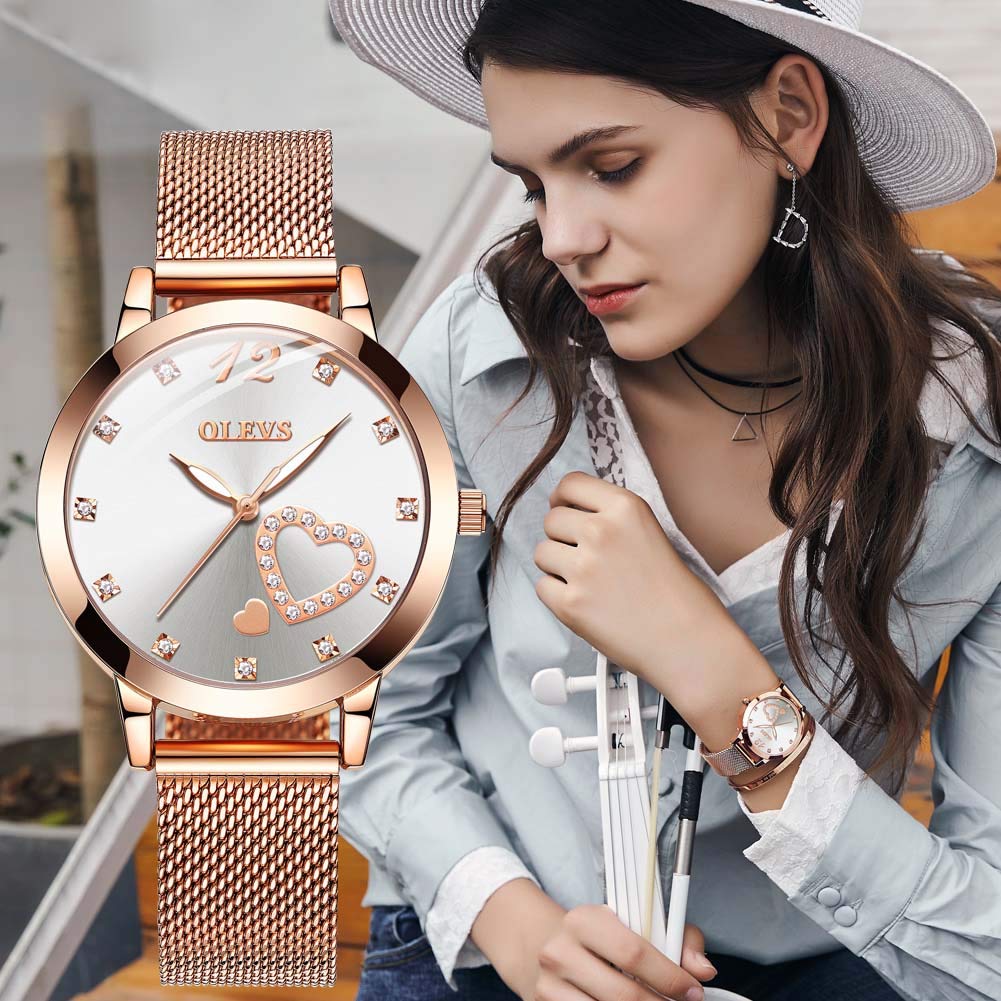 OLEVS Rose Gold Watch for Women Mesh Strap Fashion Dress Hearts Japanese Quartz Waterproof Luminous Ladies Watches Bracelet Sets