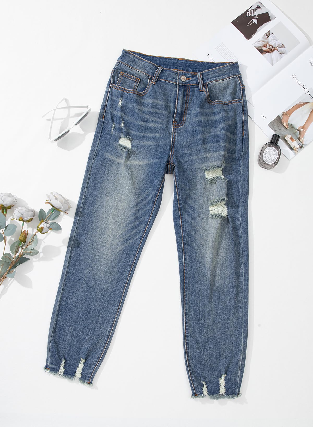 EVALESS Women's High Waisted Tummy Control Straight Ankle Ripped Jeans
