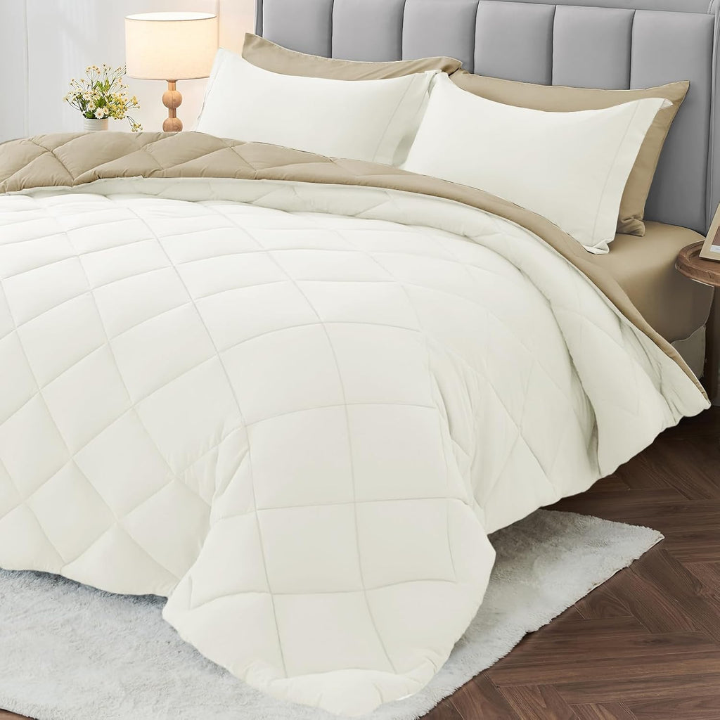 MUXHOMO 7 Pieces King Comforter Set, Reversible Bed in a Bag King Size, All Season Bedding Set with Comforter, Flat Sheet, Fitted Sheet, Pillowcases & Shams, Red & Black