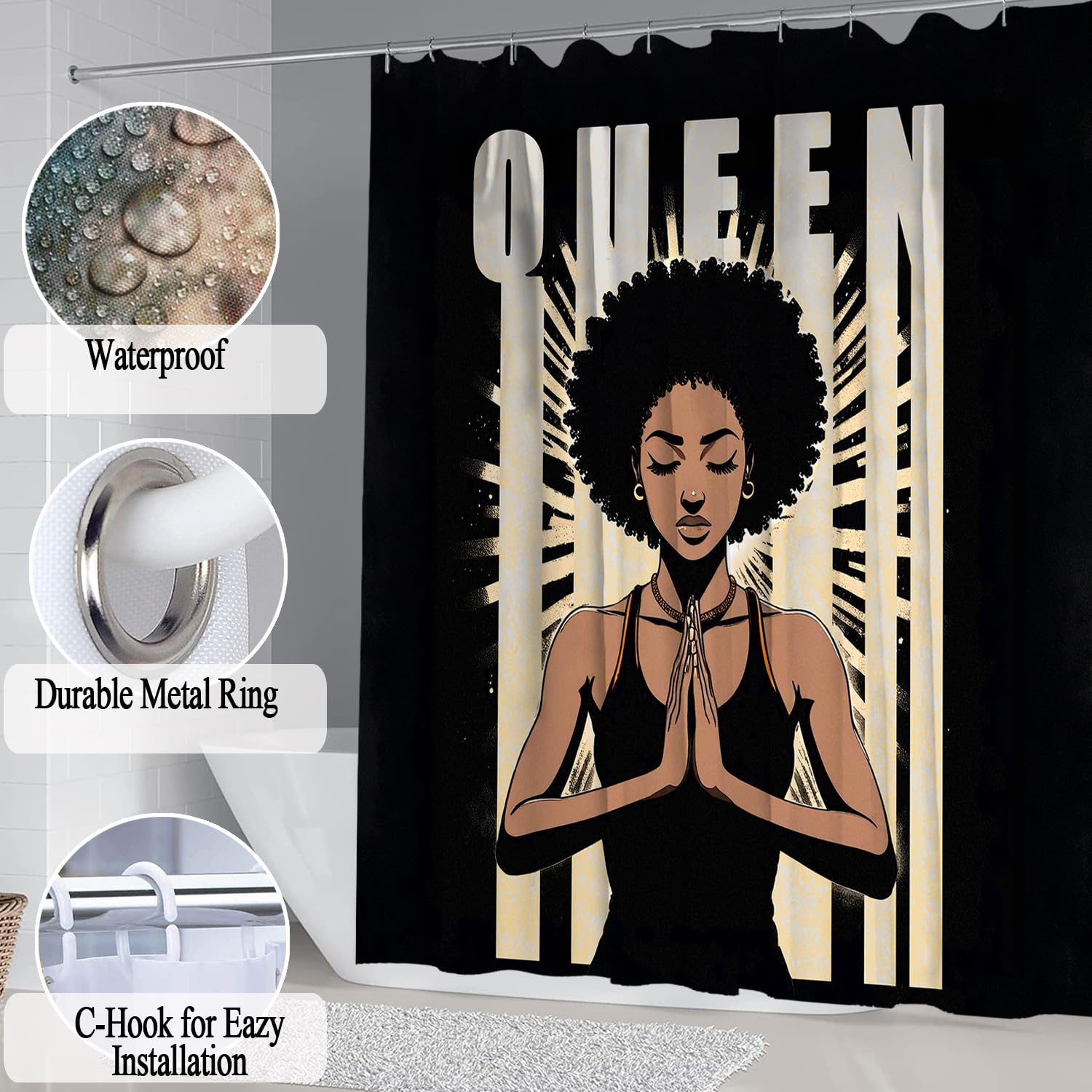 African American Shower Curtain Sets for Bathroom, Black Praying King Bathroom Sets with Waterproof Shower Curtain and Non-Slip Rugs Toilet Lid Cover Bath Mat, Cool Unique Man Bathroom Decor Sets