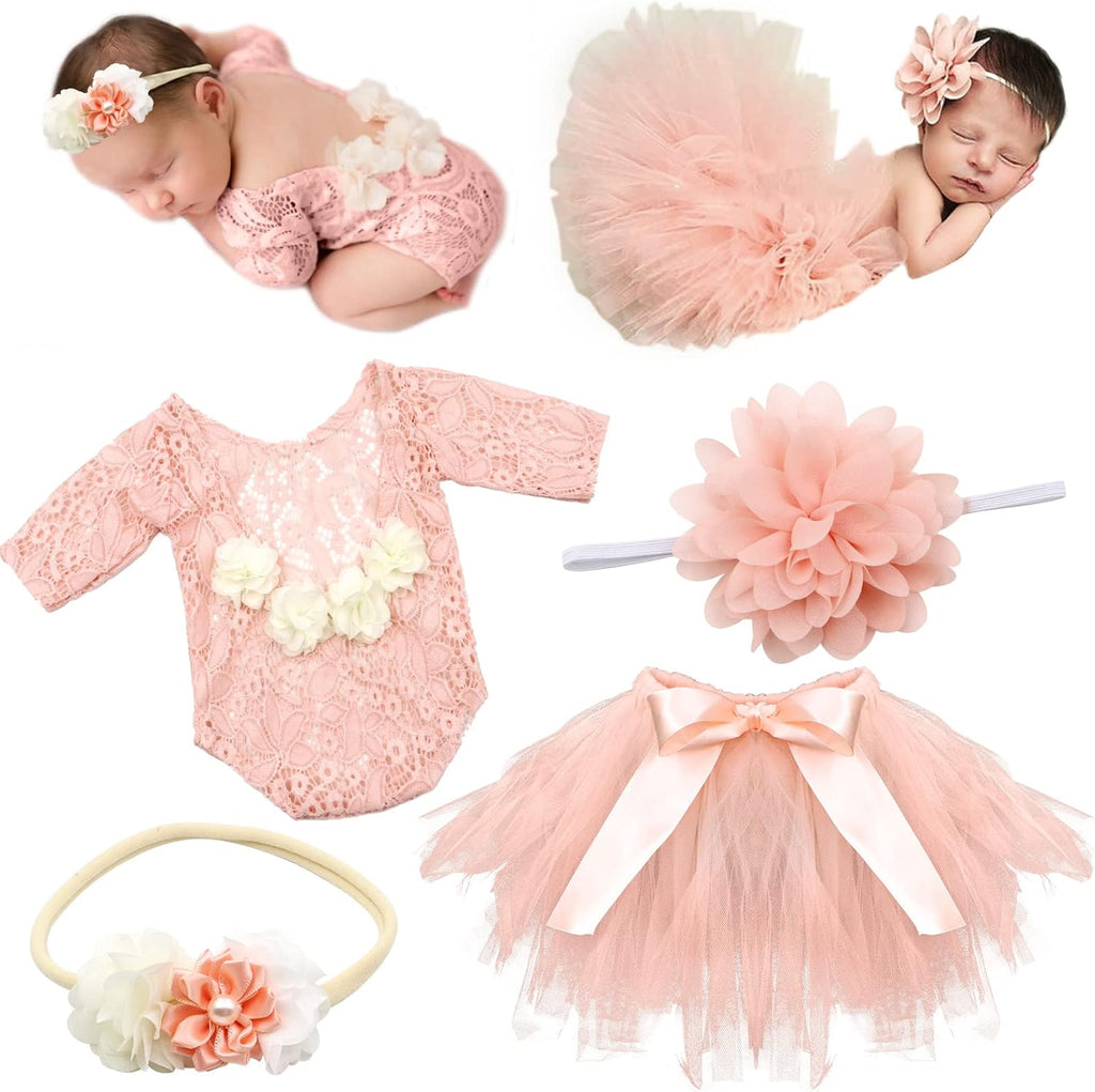 4 PCS Newborn Photography Props Outfits-BabyTutu Skirt Cute Bow Headdress and Lace Rompers Flower Headband Sets for Infants Girl Boy