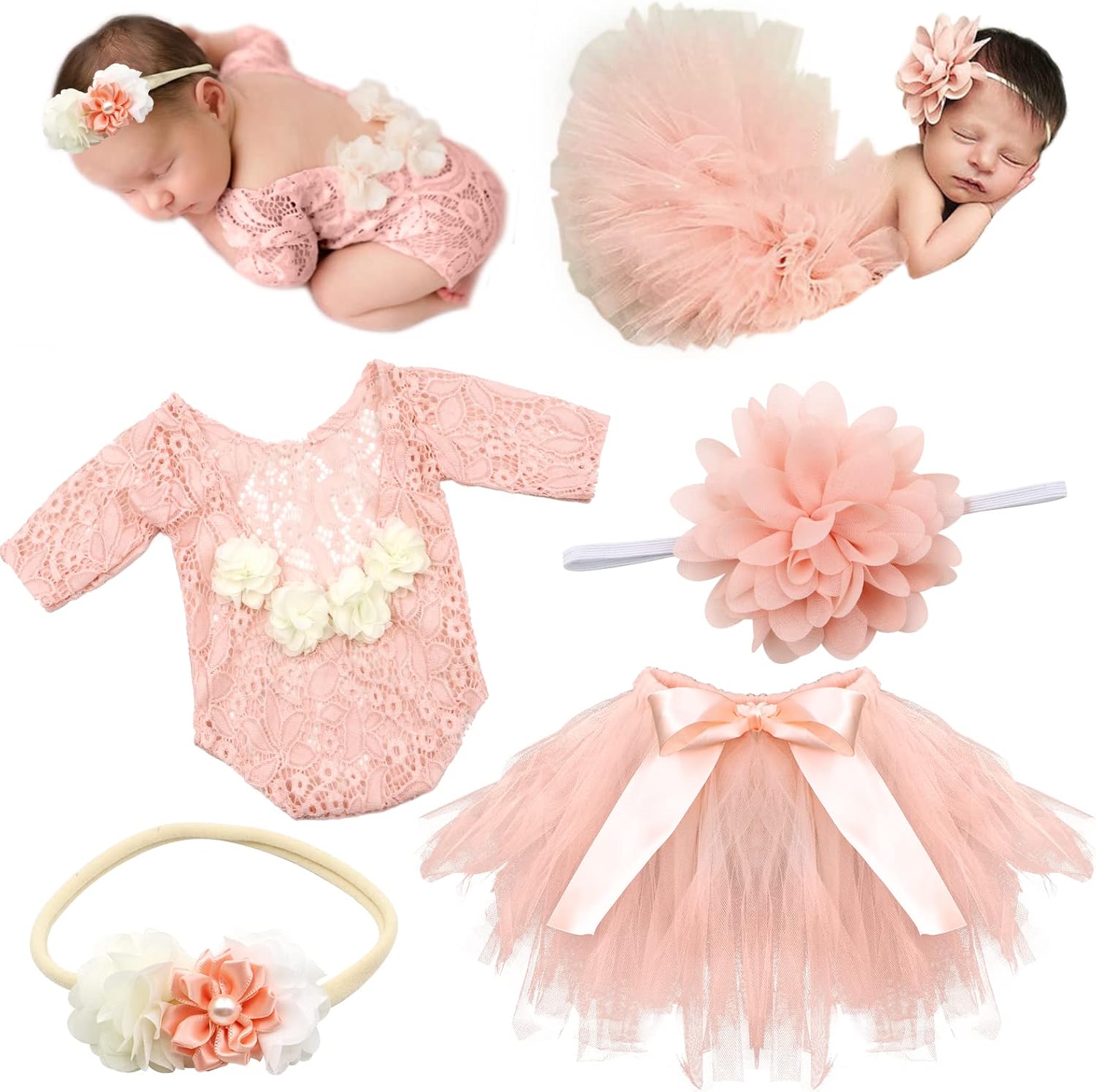 4 PCS Newborn Photography Props Outfits-BabyTutu Skirt Cute Bow Headdress and Lace Rompers Flower Headband Sets for Infants Girl Boy