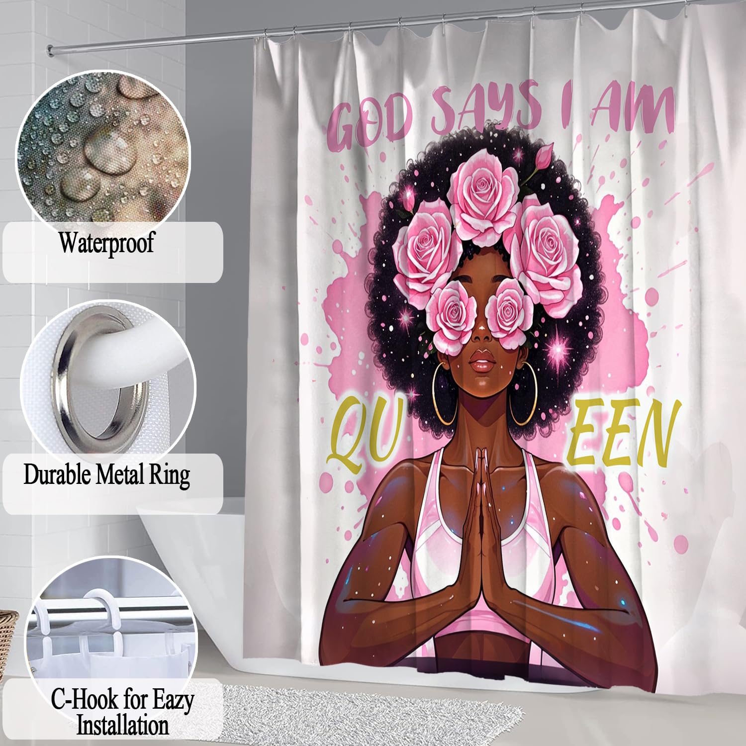 African American Shower Curtain Sets for Bathroom, Black Praying King Bathroom Sets with Waterproof Shower Curtain and Non-Slip Rugs Toilet Lid Cover Bath Mat, Cool Unique Man Bathroom Decor Sets