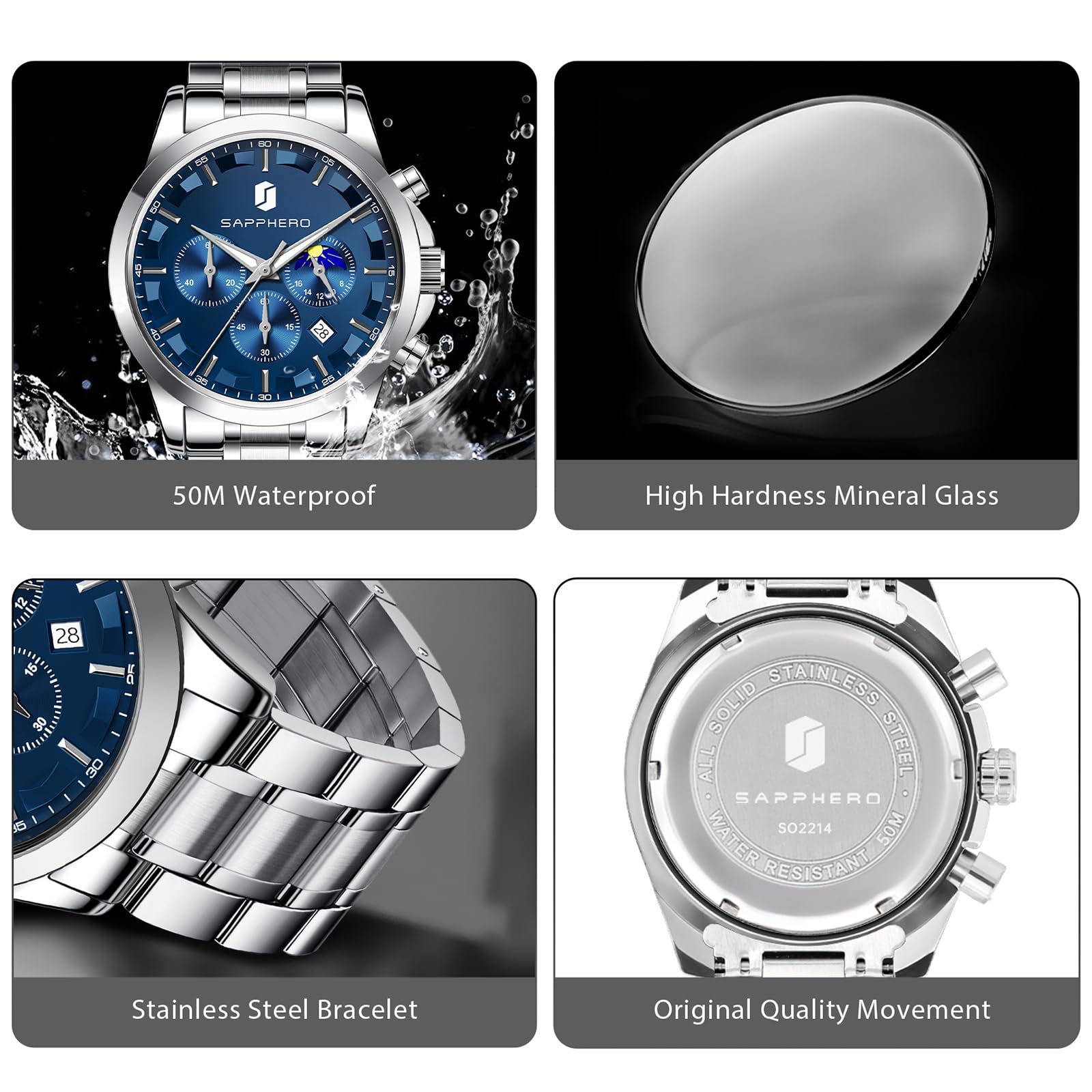 SAPPHERO Chronograph Watches for Men, Original Business Casual Stainless Steel Analog Watch 50M Waterproof Luminous Watches with Date Dial, Mens Gift