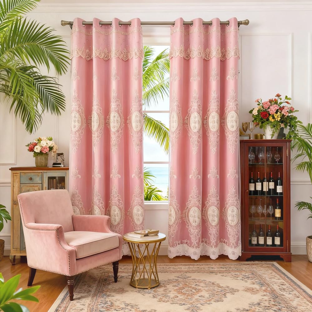 Amidoudou 1 Pair European Double Layer Curtains with Valances for Living Room Bedroom Luxury 3D Flower Embroidered Curtains (Yellow,52x96 Inch)