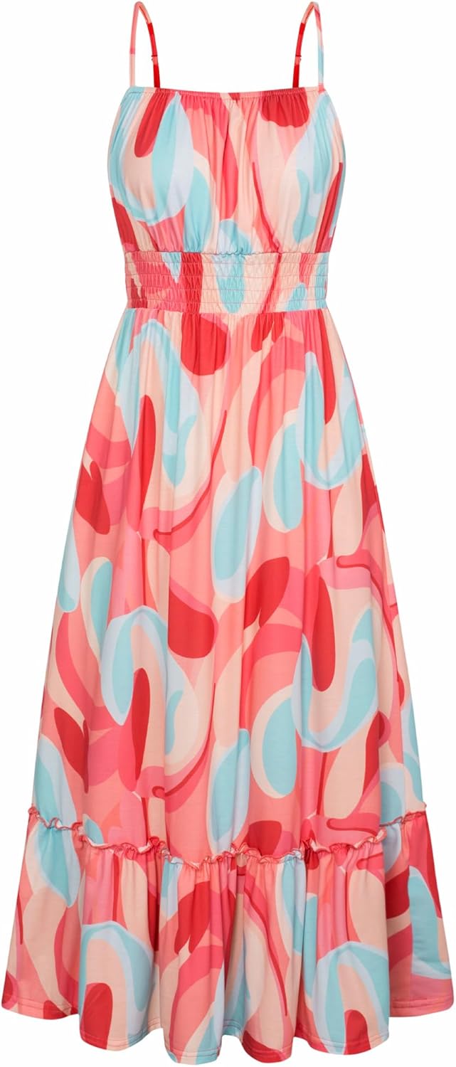 GRACE KARIN Summer Dresses for Women 2026 Vacation,Smocked Floral Maxi Dress,Boho Beach Sundress with Pocket Fashion Clothing