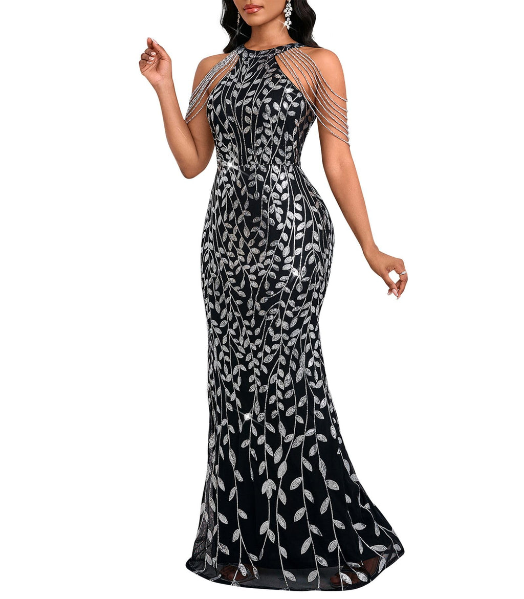 Cololura Women Sexy Elegant Sequin Tassel Off Shoulder Halter Bodycon Maxi Dress Party Evening Gown Formal Dress