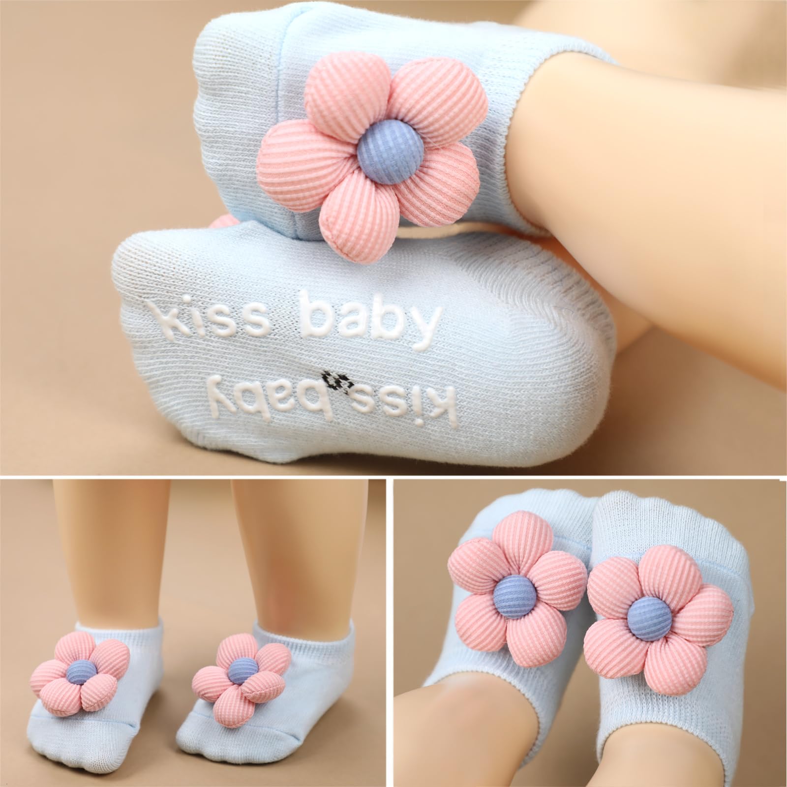 KEAINVRN 4Packs Baby Girls Socks,Flower Non-Slip Grips for Babies Toddler Princess Low Cut Ankle Socks for Girls