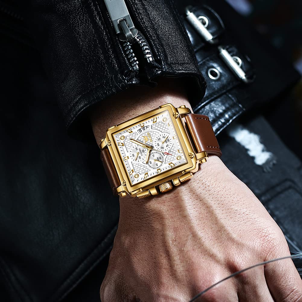 OLEVS Men's Casual Leather Watch, Big Face Chronograph Watch for Men, Fashion Easy to Read Dress Watch, Men's Waterproof Luminous Date Analog Watch, Gold/Black/White/Blue Dial