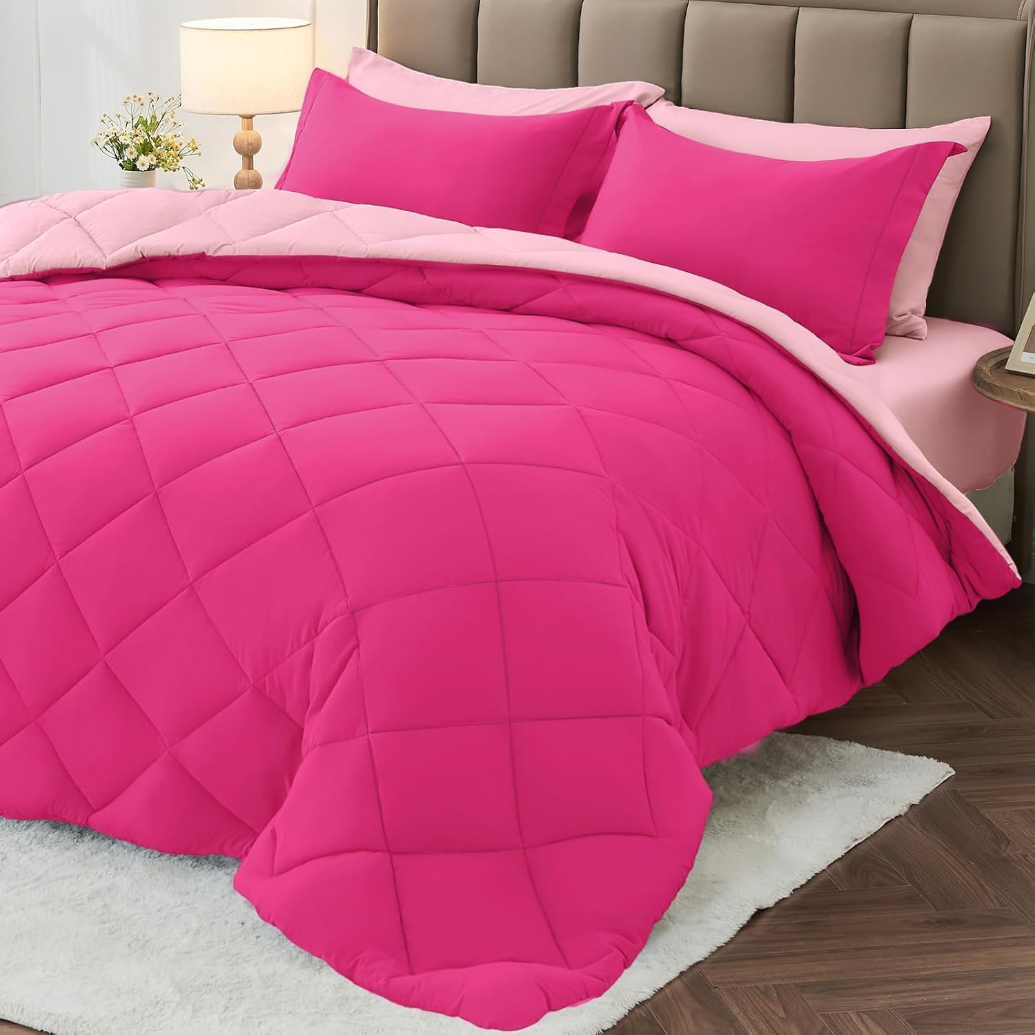 MUXHOMO 7 Pieces King Comforter Set, Reversible Bed in a Bag King Size, All Season Bedding Set with Comforter, Flat Sheet, Fitted Sheet, Pillowcases & Shams, Red & Black