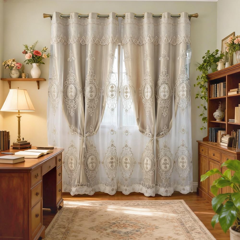 Amidoudou 1 Pair European Double Layer Curtains with Valances for Living Room Bedroom Luxury 3D Flower Embroidered Curtains (Yellow,52x96 Inch)