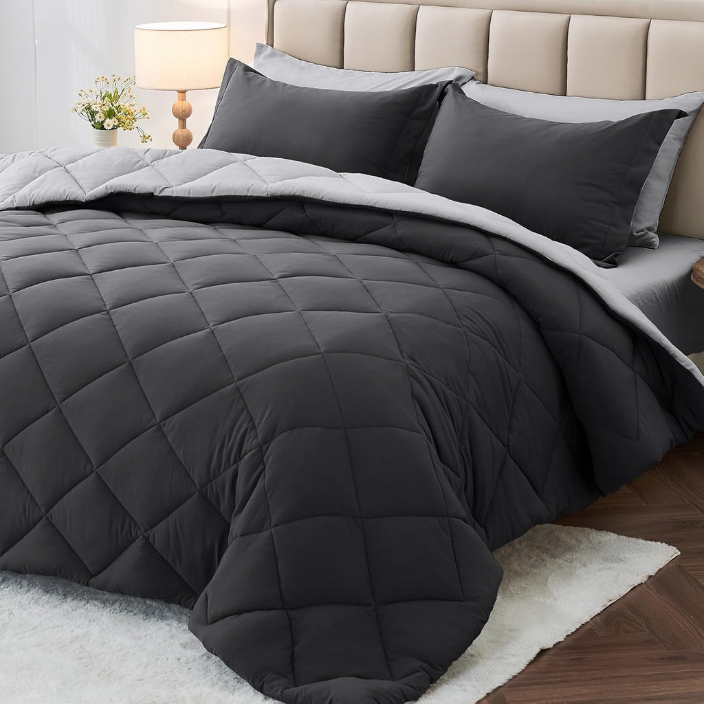 MUXHOMO 7 Pieces King Comforter Set, Reversible Bed in a Bag King Size, All Season Bedding Set with Comforter, Flat Sheet, Fitted Sheet, Pillowcases & Shams, Red & Black