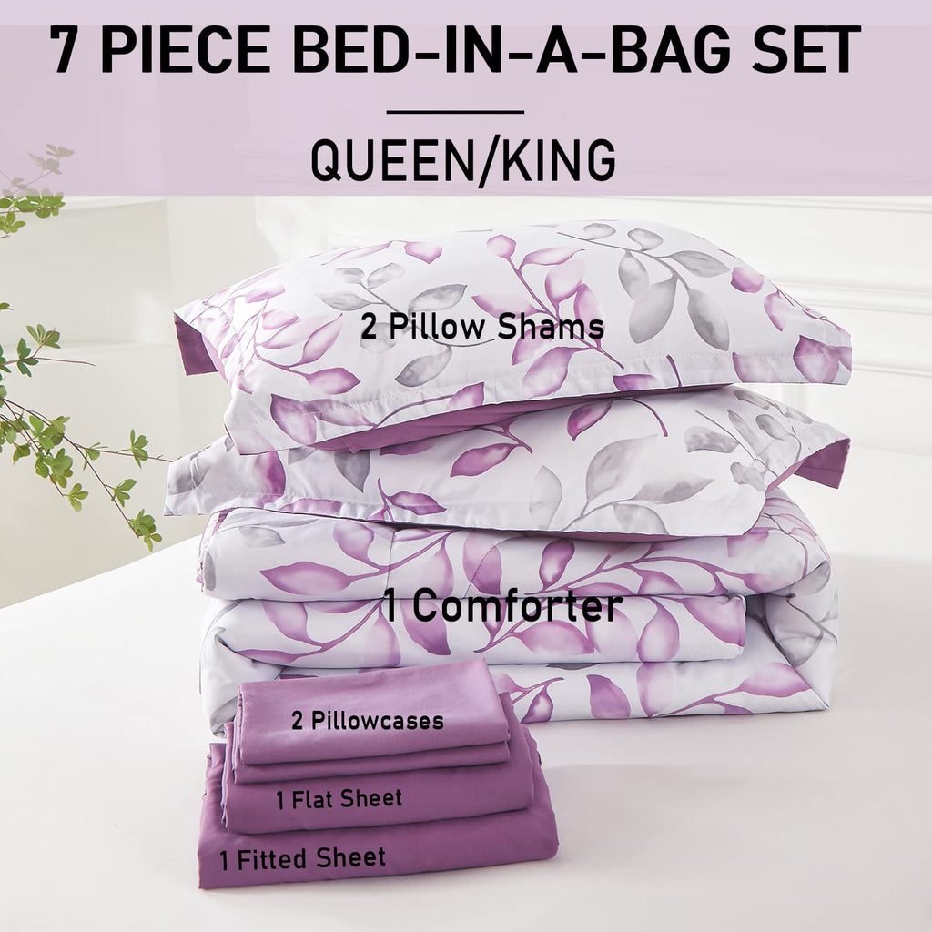 Yogeneg 7 Piece Bed in a Bag King Size Comforter Set Black Bedding Set,Gold Butterfly Leaves Printed on Black Reversible Design,Soft Microfiber Comforter with Sheet Set,All Season(Butterfly,King)
