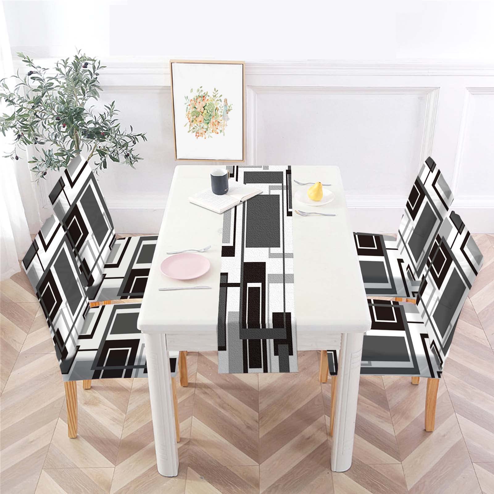 MCALK Geometric Navy Blue Chair Covers Set of 4 and Table Runner,Stretch Navy Blue Chair Slipcovers for Kitchen,Washable Removable Chair Protector Modern Chair Covers for Dining Room