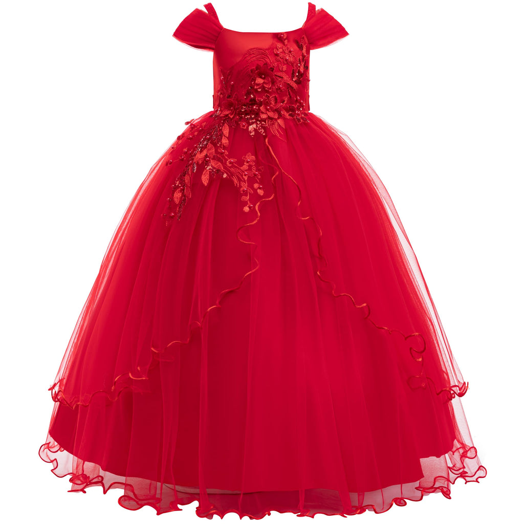 Weileenice Vintage Off the Shoulder Flower Girl Dress Lace Embroidery Little/Big Girls Wedding Bridesmaid Holiday Ballgown