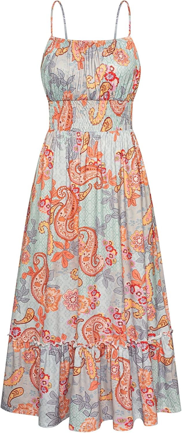 GRACE KARIN Summer Dresses for Women 2026 Vacation,Smocked Floral Maxi Dress,Boho Beach Sundress with Pocket Fashion Clothing