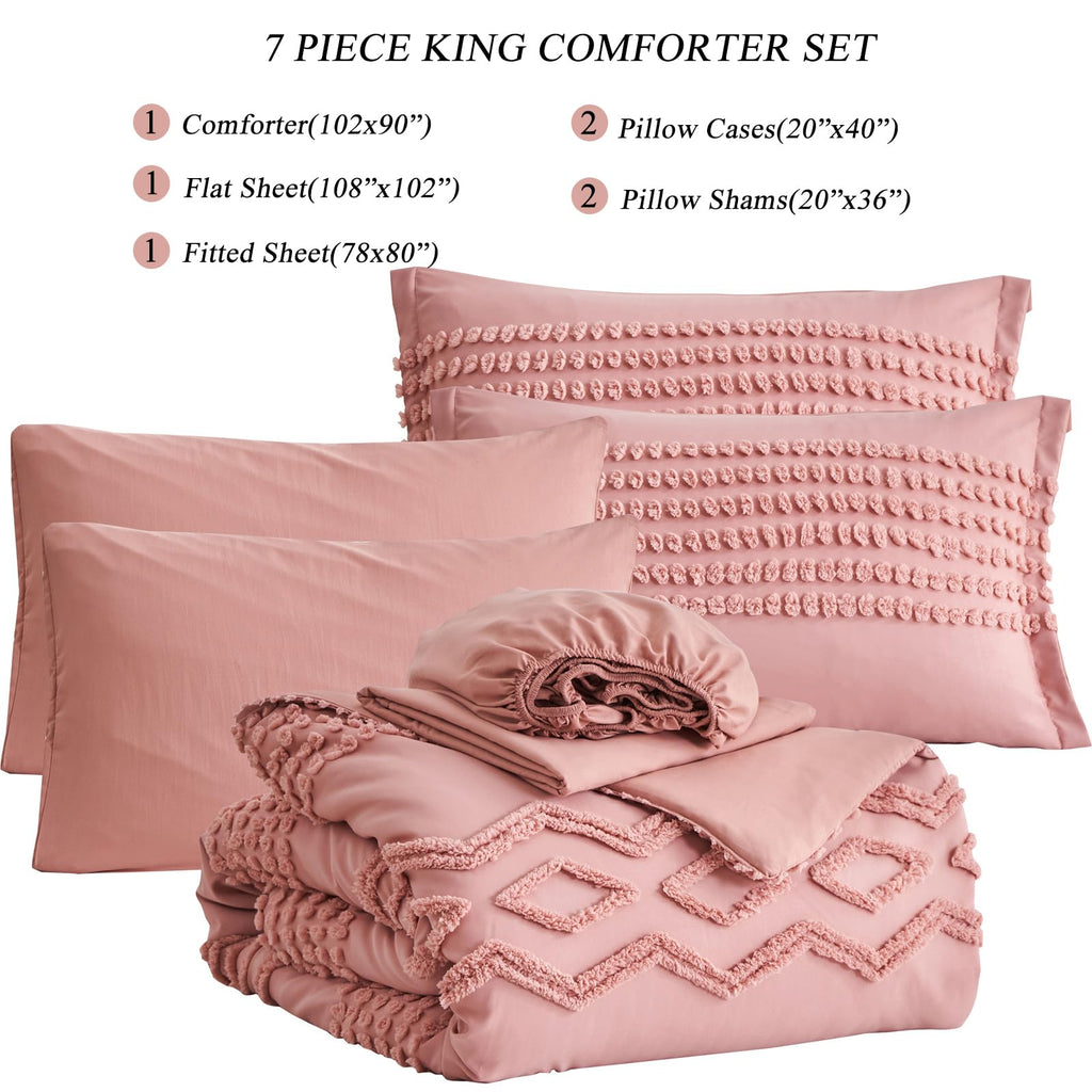KAKIJUMN Grey Tufted Comforter Set King Size 7 Piece Bed in a Bag, Shabby Chic Boho Comforter and Sheet Set, Pom Pom Textured Bed Set, All Season Soft Microfiber Complete Bedding Set(Grey,King)