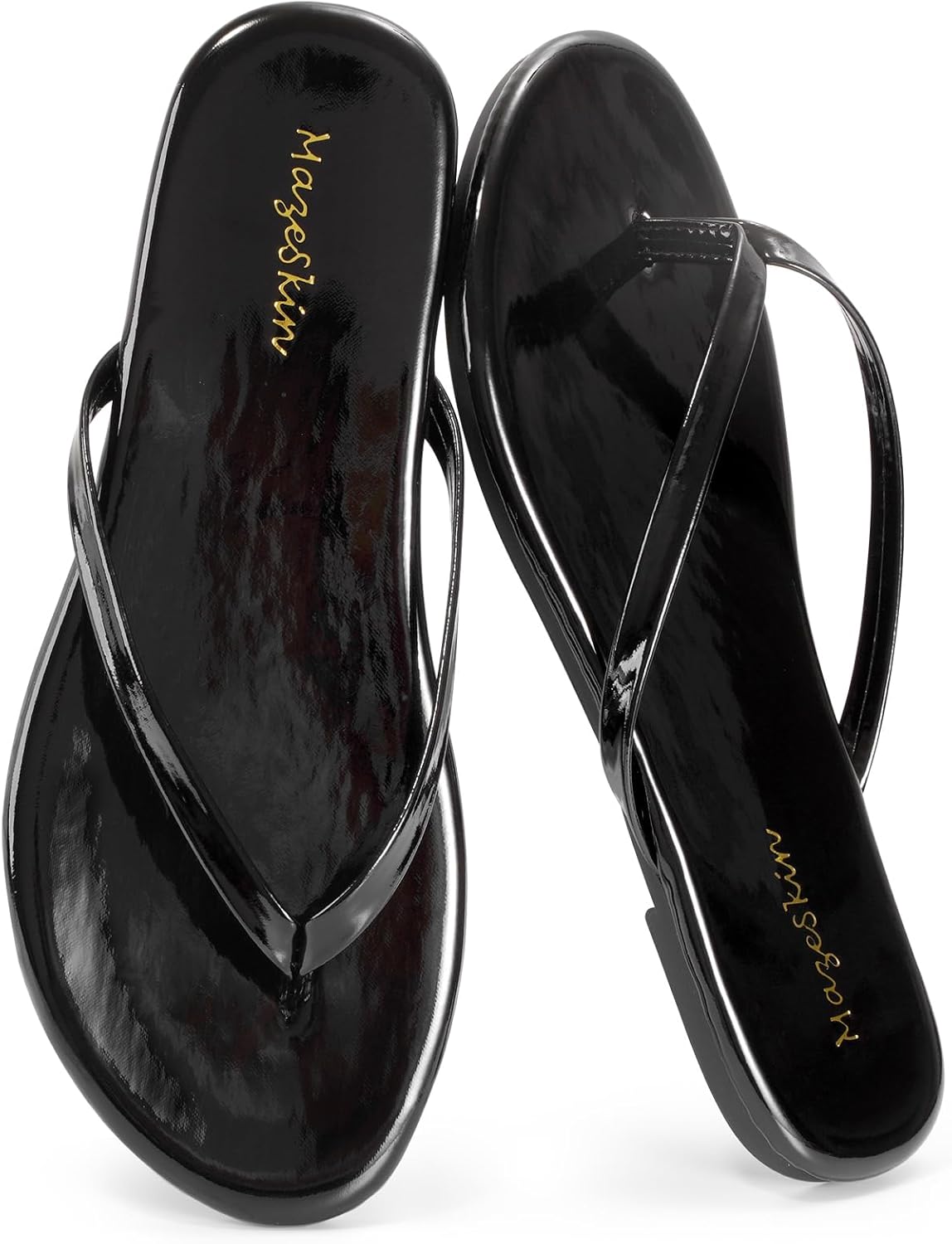 mazeskin Women's Memory Foam Comfortable Flat Thong Sandals Dressy Summer Beach Leather Slide Flip Flops
