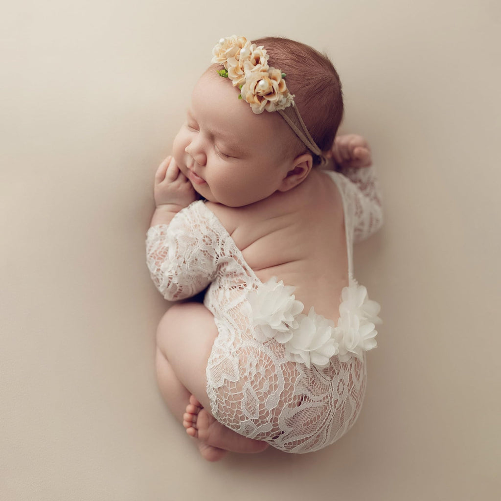 Newborn Lace Romper, 2 PCS Baby Girl Photography Props, Newborn Girl Photography Outfits with Flower Headband for Infants