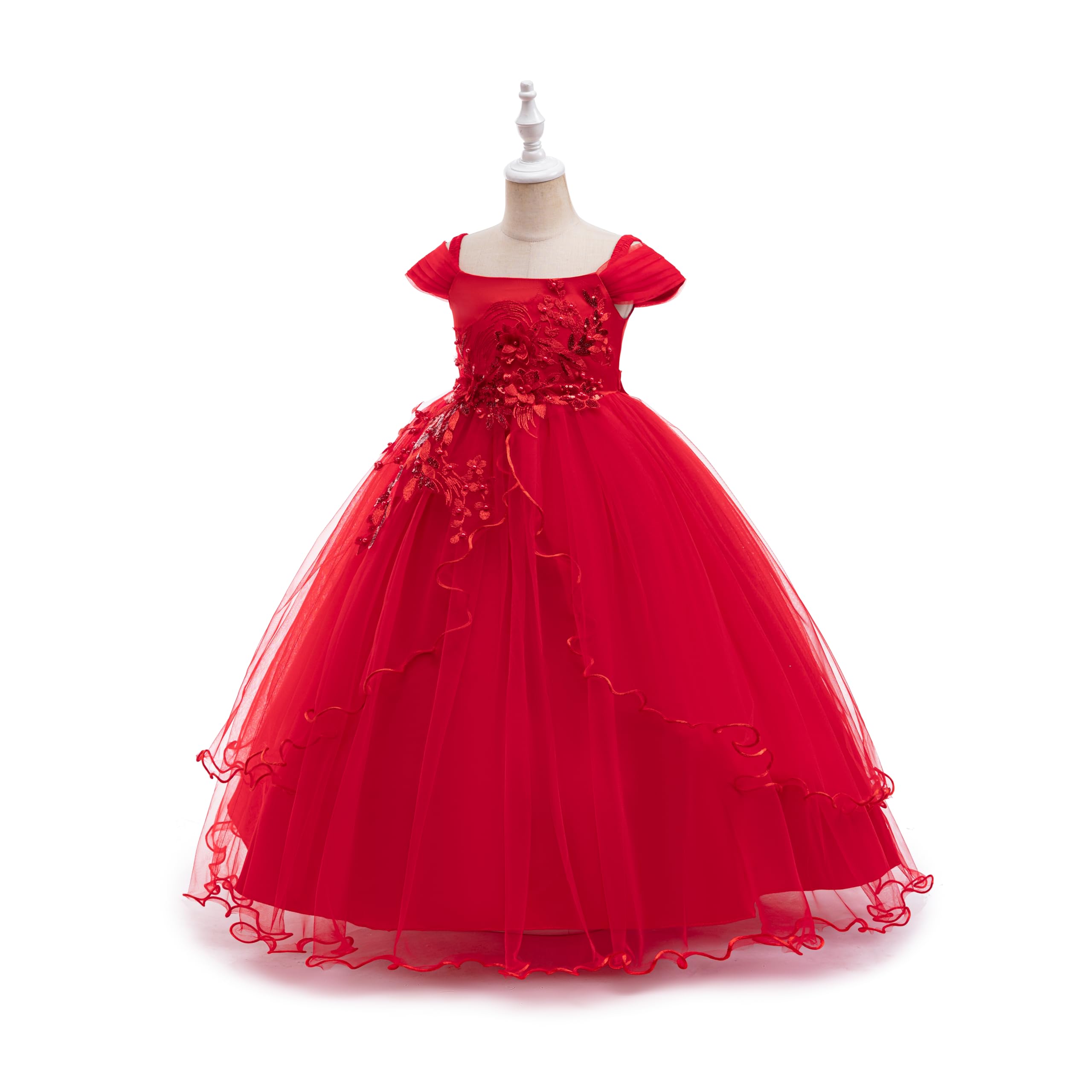 Weileenice Vintage Off the Shoulder Flower Girl Dress Lace Embroidery Little/Big Girls Wedding Bridesmaid Holiday Ballgown