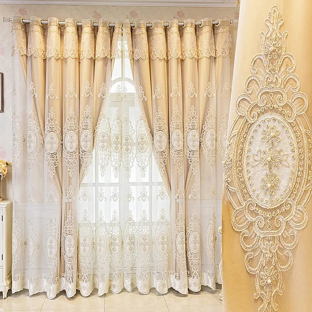 Amidoudou 1 Pair European Double Layer Curtains with Valances for Living Room Bedroom Luxury 3D Flower Embroidered Curtains (Yellow,52x96 Inch)