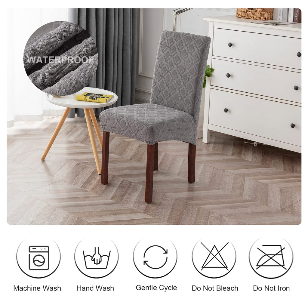 Genina Waterproof Chair Covers for Dining Room 6 Pack, Stretch Jacquard Dining Chair Cover Removable Washable Chair Protectors Cover for Kitchen, Home (Leaves-Warm Gray, 6 PCS)