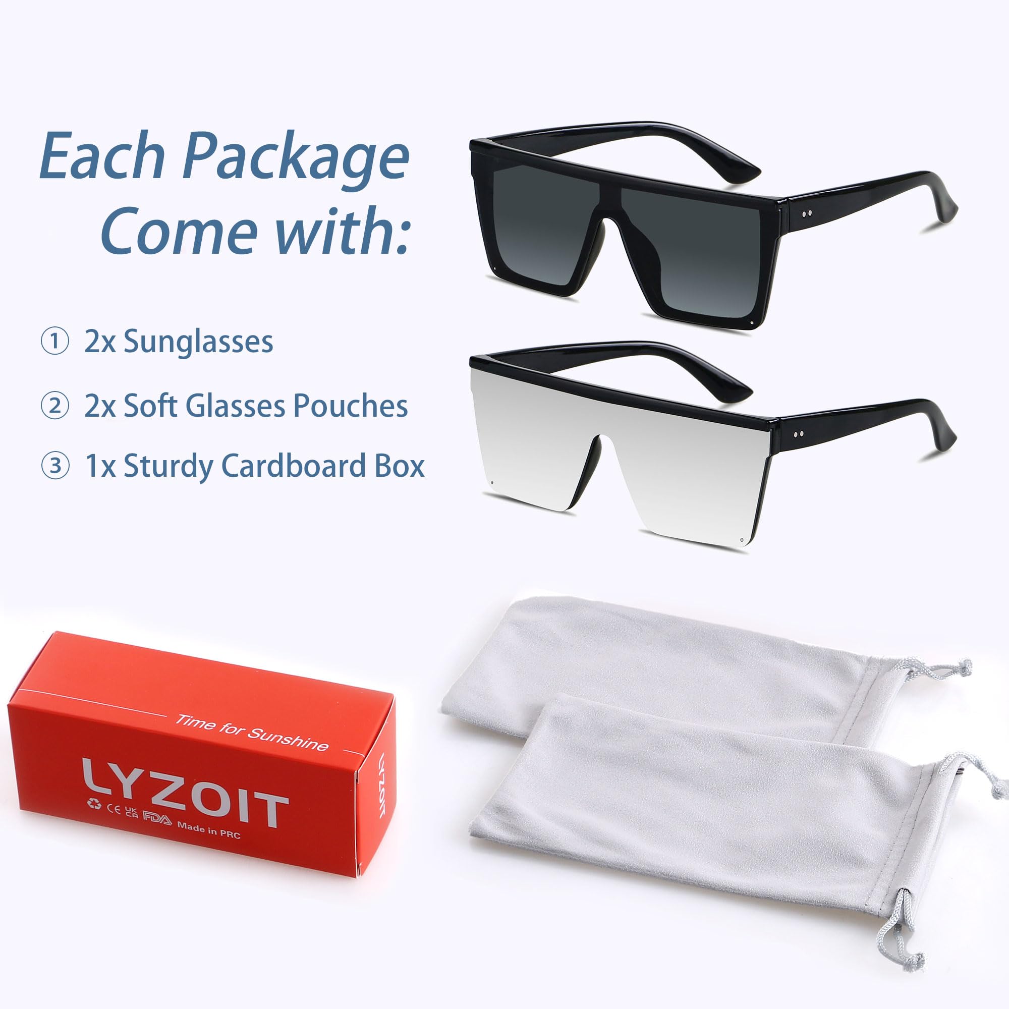 LYZOIT Square Oversized Sunglasses for Women Men Big Flat Top Fashion Shield Large UV Protection Rimless Shades