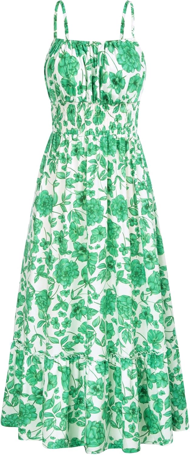 GRACE KARIN Summer Dresses for Women 2026 Vacation,Smocked Floral Maxi Dress,Boho Beach Sundress with Pocket Fashion Clothing
