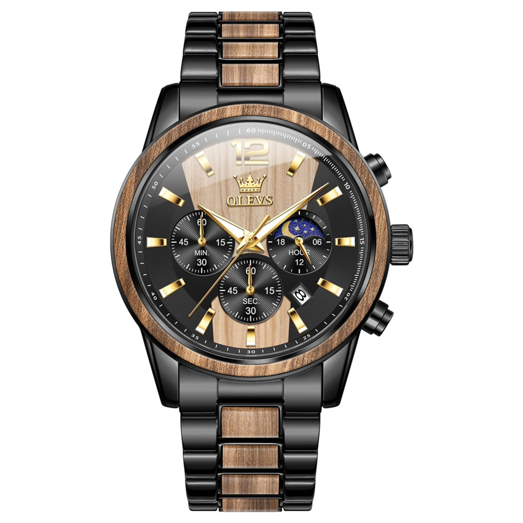 OLEVS Men Analog Quartz Waterproof Watches Multifunction Chronograph Diamond Moon Phase Luminous Silicone Band Wrist Watches