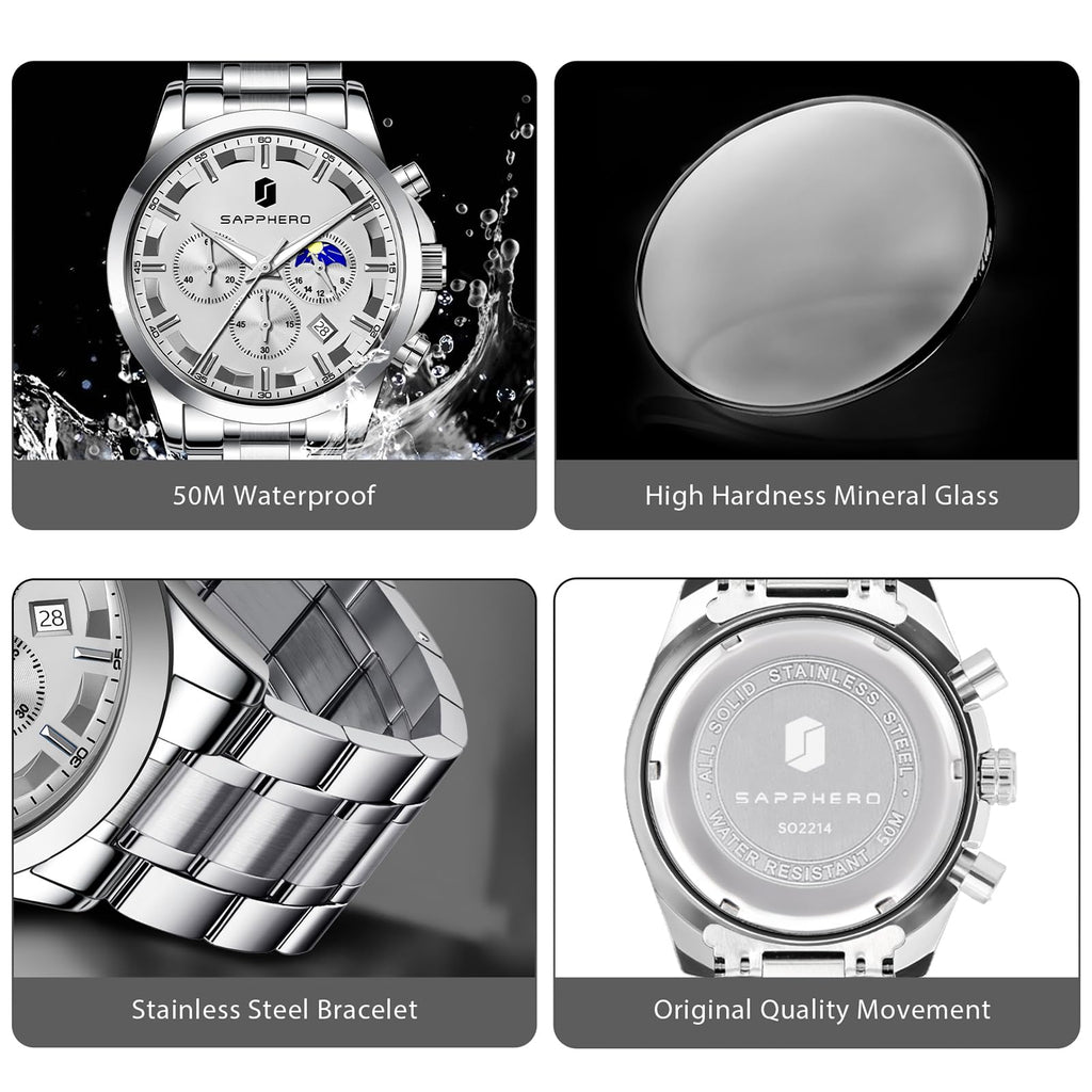 SAPPHERO Chronograph Watches for Men, Original Business Casual Stainless Steel Analog Watch 50M Waterproof Luminous Watches with Date Dial, Mens Gift