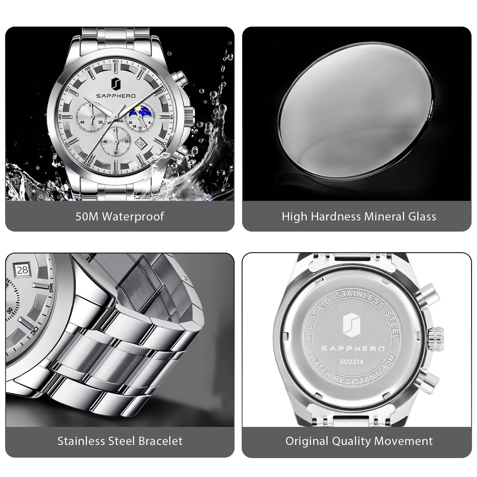 SAPPHERO Chronograph Watches for Men, Original Business Casual Stainless Steel Analog Watch 50M Waterproof Luminous Watches with Date Dial, Mens Gift