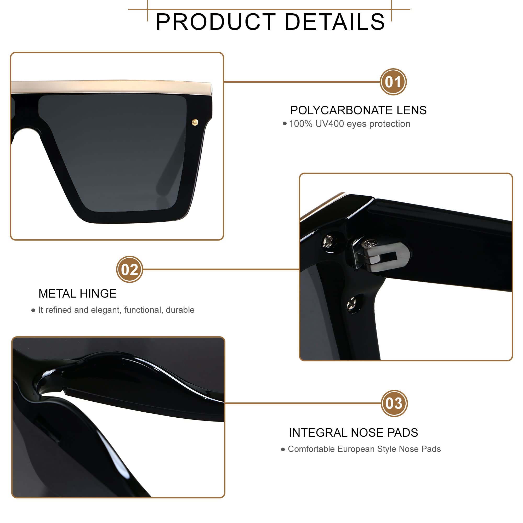 LYZOIT Square Oversized Sunglasses for Women Men Big Flat Top Fashion Shield Large UV Protection Rimless Shades