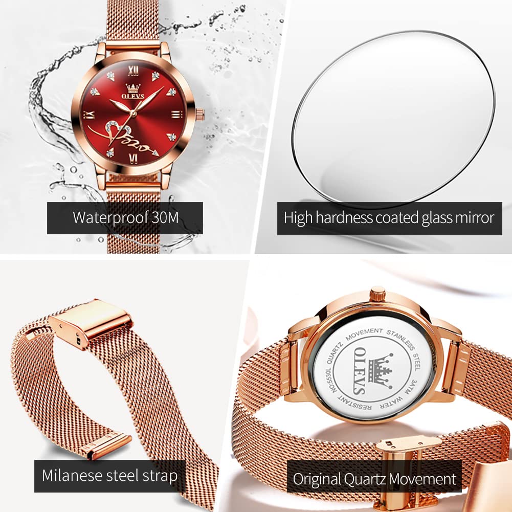 OLEVS Rose Gold Watch for Women Mesh Strap Fashion Dress Hearts Japanese Quartz Waterproof Luminous Ladies Watches Bracelet Sets